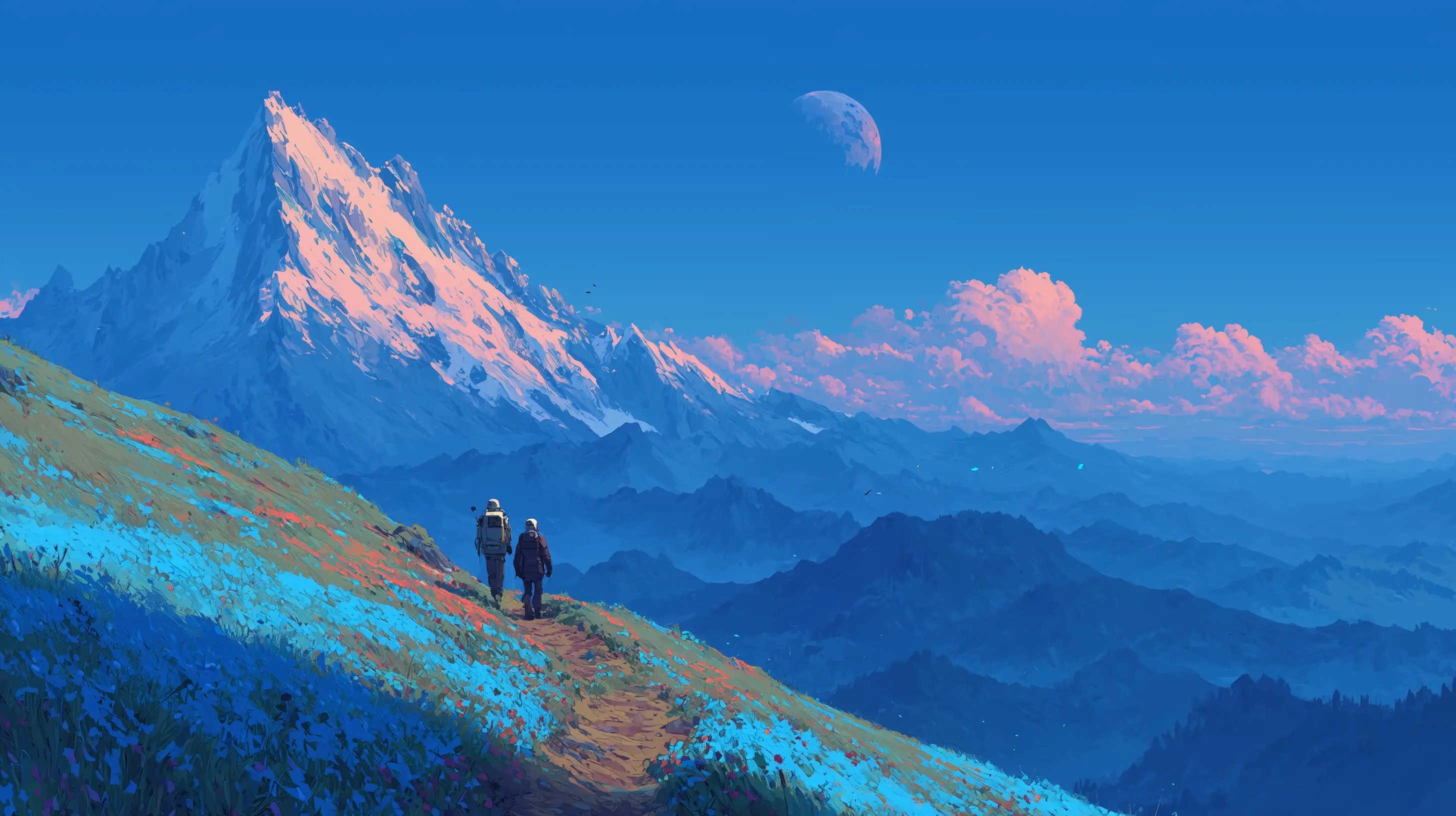 Illustration de deux randonneurs face a une montagne enneigee sous un ciel bleu